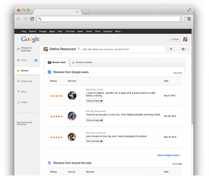 Screen Shot 2013 11 19 at 4.16.11 PM 730x615 Google launches Reviews for Google Places, lets businesses see what customers are saying online in one inbox