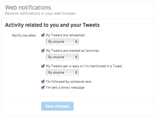 webnotifssettings1 Twitter rotola fuori notifiche interattive in tempo reale sul Web per le risposte, preferiti, retweet, segue, DM